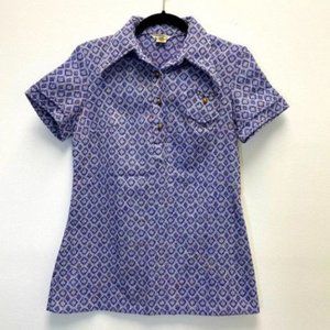 Vintage Cracker Barrel polo woven 3 gold button short sleeve geometric pattern S